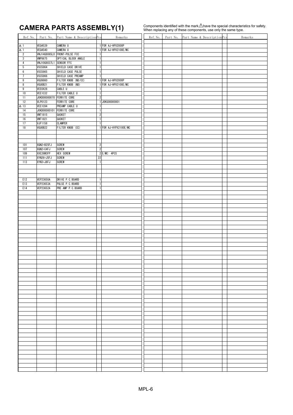 Camera parts assembly(1), Mpl-6 | Panasonic AJ-HPX2000P User Manual | Page 7 / 25