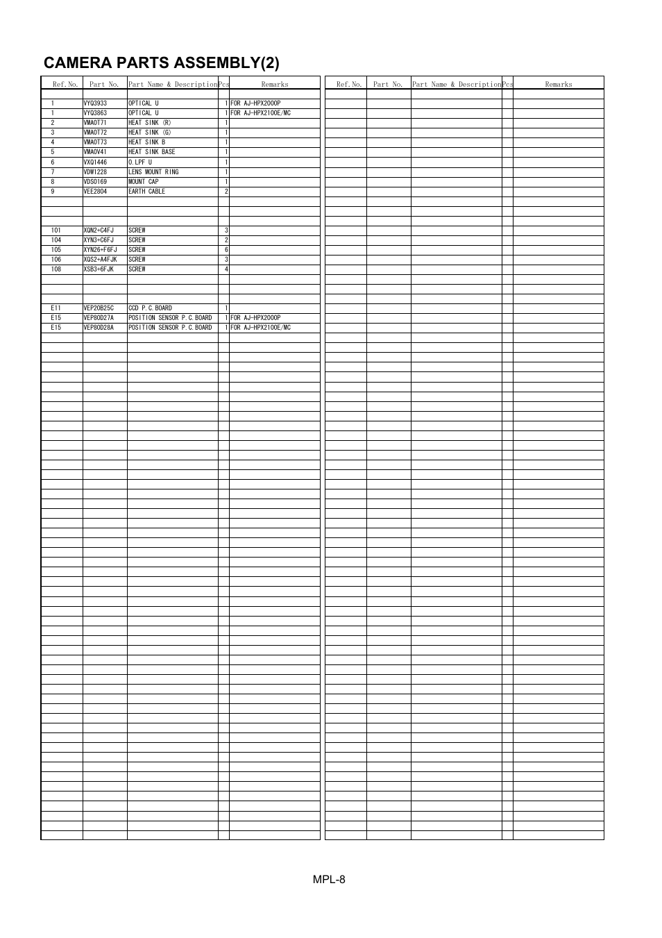 Camera parts assembly(2), Mpl-8 | Panasonic AJ-HPX2000P User Manual | Page 9 / 25