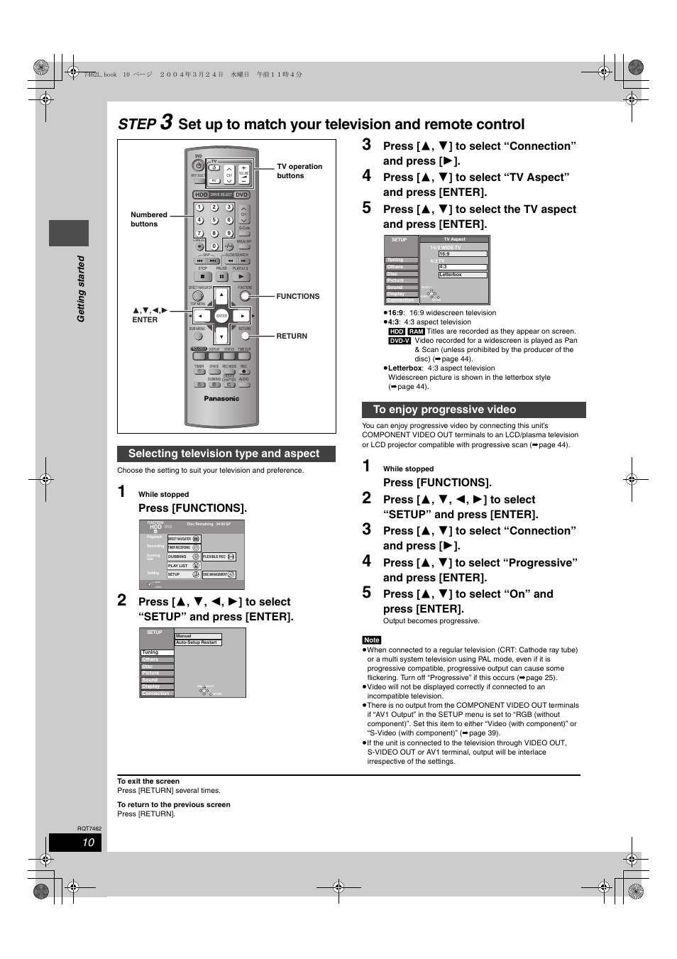 Step, Up to match your television and remote control, Press [functions | Press [ 3 , 4 ] to select “on” and press [enter, Selecting television type and aspect | Panasonic DMR-E85H User Manual | Page 10 / 52