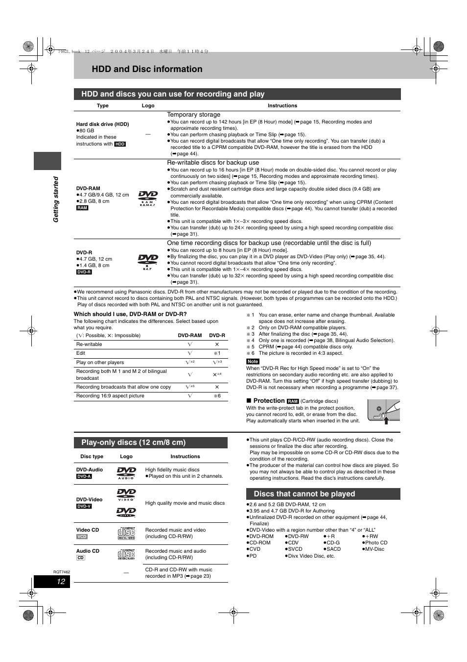 Hdd and disc information, Hdd and discs you can use for recording and play, Play-only discs (12 cm/8 cm) | Discs that cannot be played | Panasonic DMR-E85H User Manual | Page 12 / 52