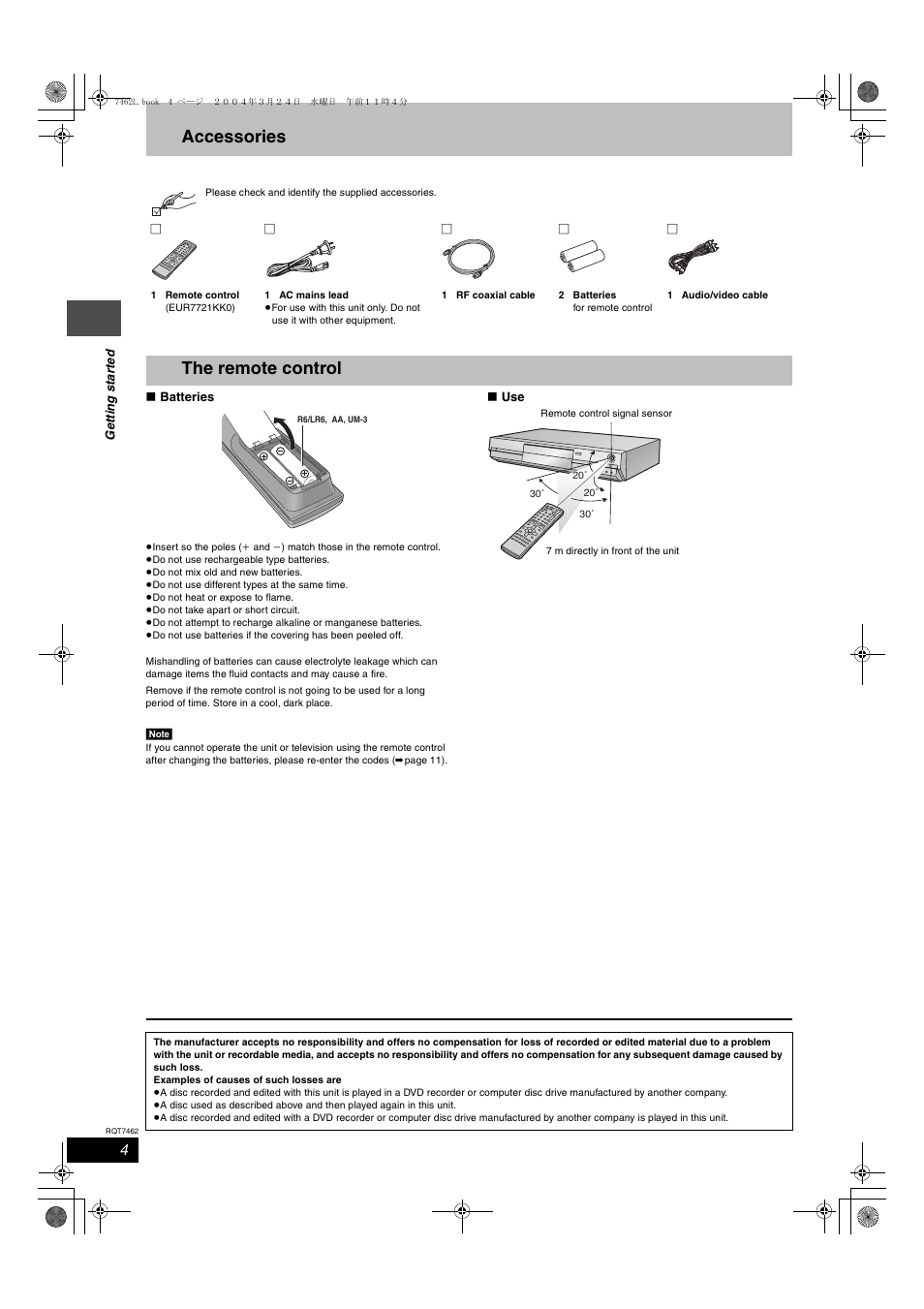 Accessories, The remote control | Panasonic DMR-E85H User Manual | Page 4 / 52