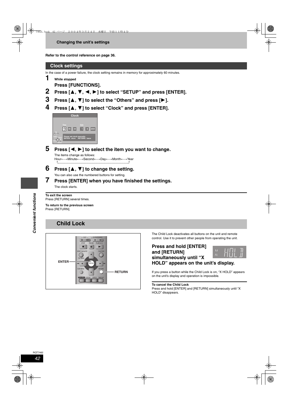 Child lock, Press [functions, Press [ 3 , 4 ] to select “clock” and press [enter | Press [ 3 , 4 ] to change the setting, Press [enter] when you have finished the settings, Clock settings | Panasonic DMR-E85H User Manual | Page 42 / 52