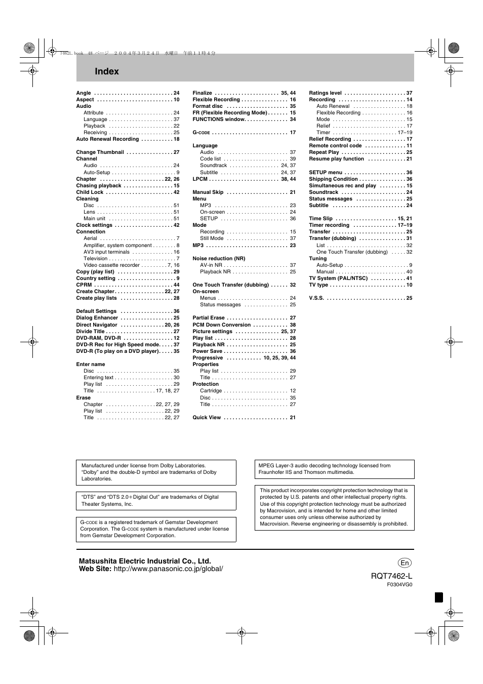 Index, Rqt7462-l | Panasonic DMR-E85H User Manual | Page 52 / 52