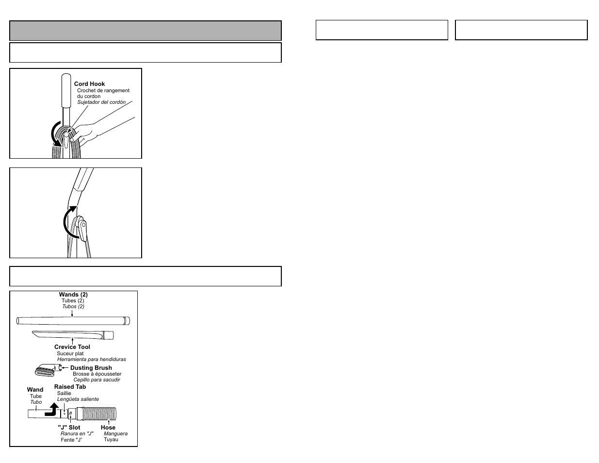Remplacement des brosses, Cambiar los cepillos, Feature | Using cord hook, Tool storage | Panasonic MC-UG583 User Manual | Page 35 / 48