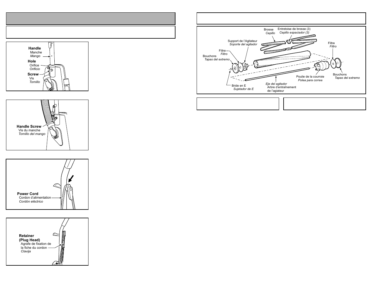 Assemblage de l’agitateur, Dégagement des obstructions, Montaje de agitador | Quitar de los residuos de basura en los conductos, Assembly, Attaching handle, Assemblage de l’agitateur / montaje de agitador | Panasonic MC-UG583 User Manual | Page 37 / 48