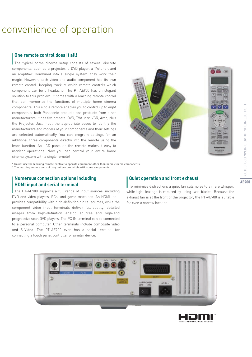 Convenience of operation, Quiet operation and front exhaust | Panasonic PT-AE900E User Manual | Page 9 / 10
