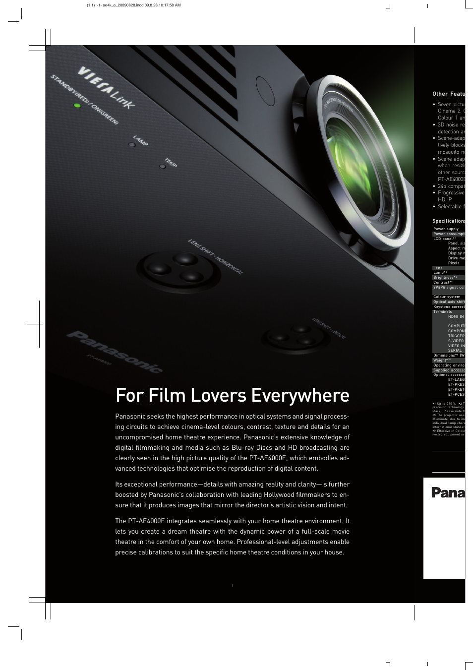 For film lovers everywhere, Pt- ae4000 e | Panasonic PT-AE4000E User Manual | Page 2 / 6