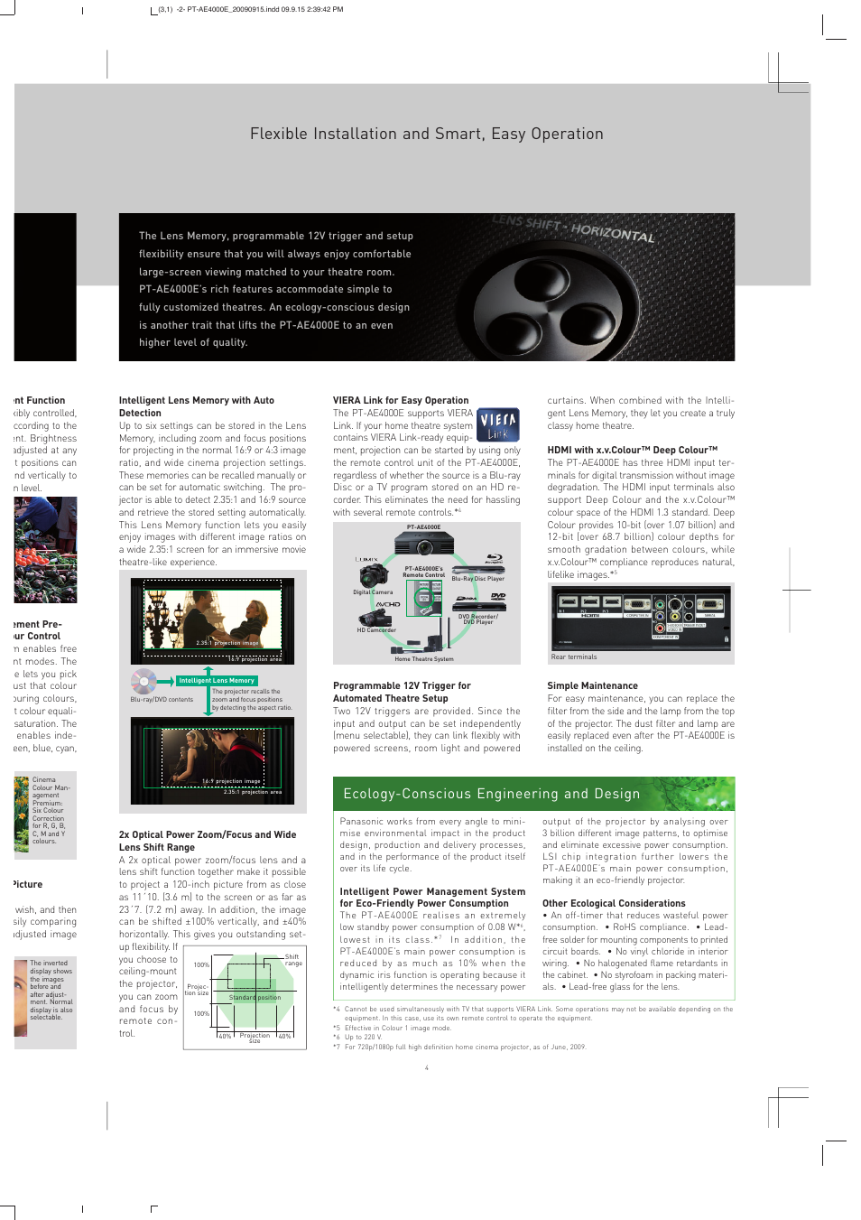 Flexible installation and smart, easy operation, Ecology-conscious engineering and design | Panasonic PT-AE4000E User Manual | Page 5 / 6