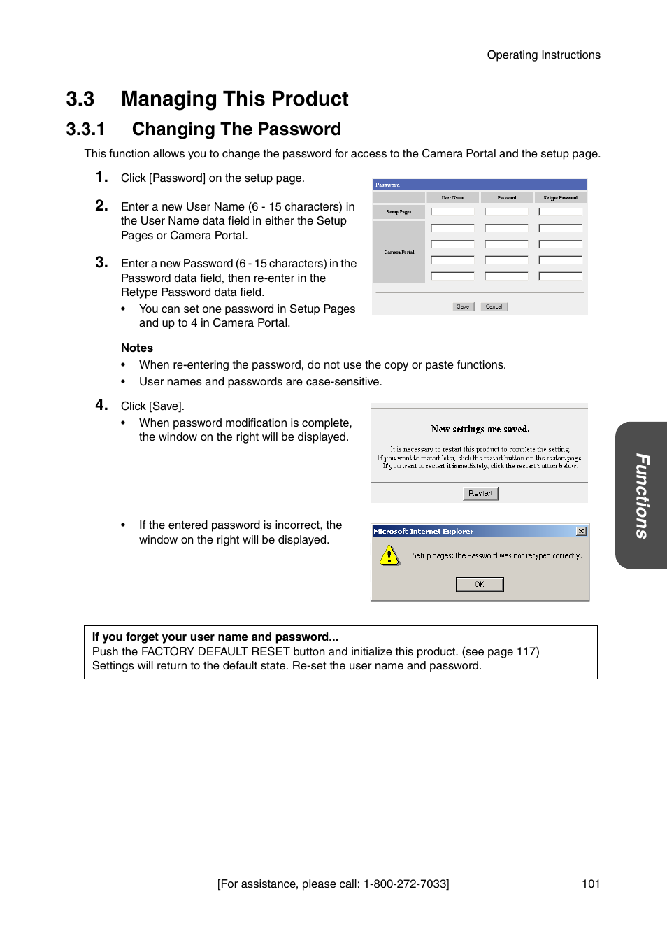 3 managing this product, 1 changing the password, Functio n s | Panasonic BB-HGW700A User Manual | Page 101 / 152