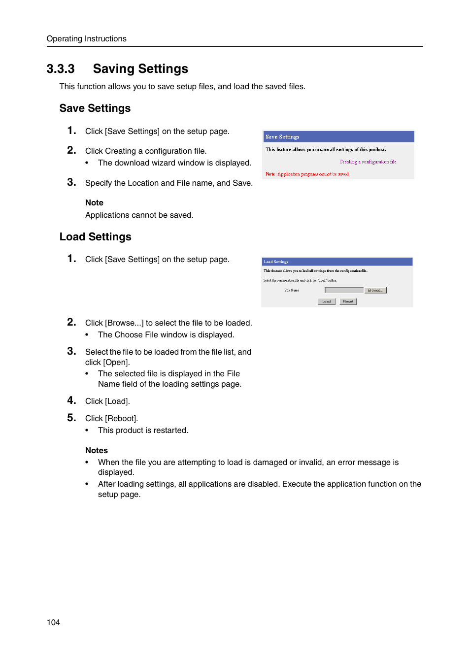 3 saving settings, E 104, Save settings | Load settings | Panasonic BB-HGW700A User Manual | Page 104 / 152