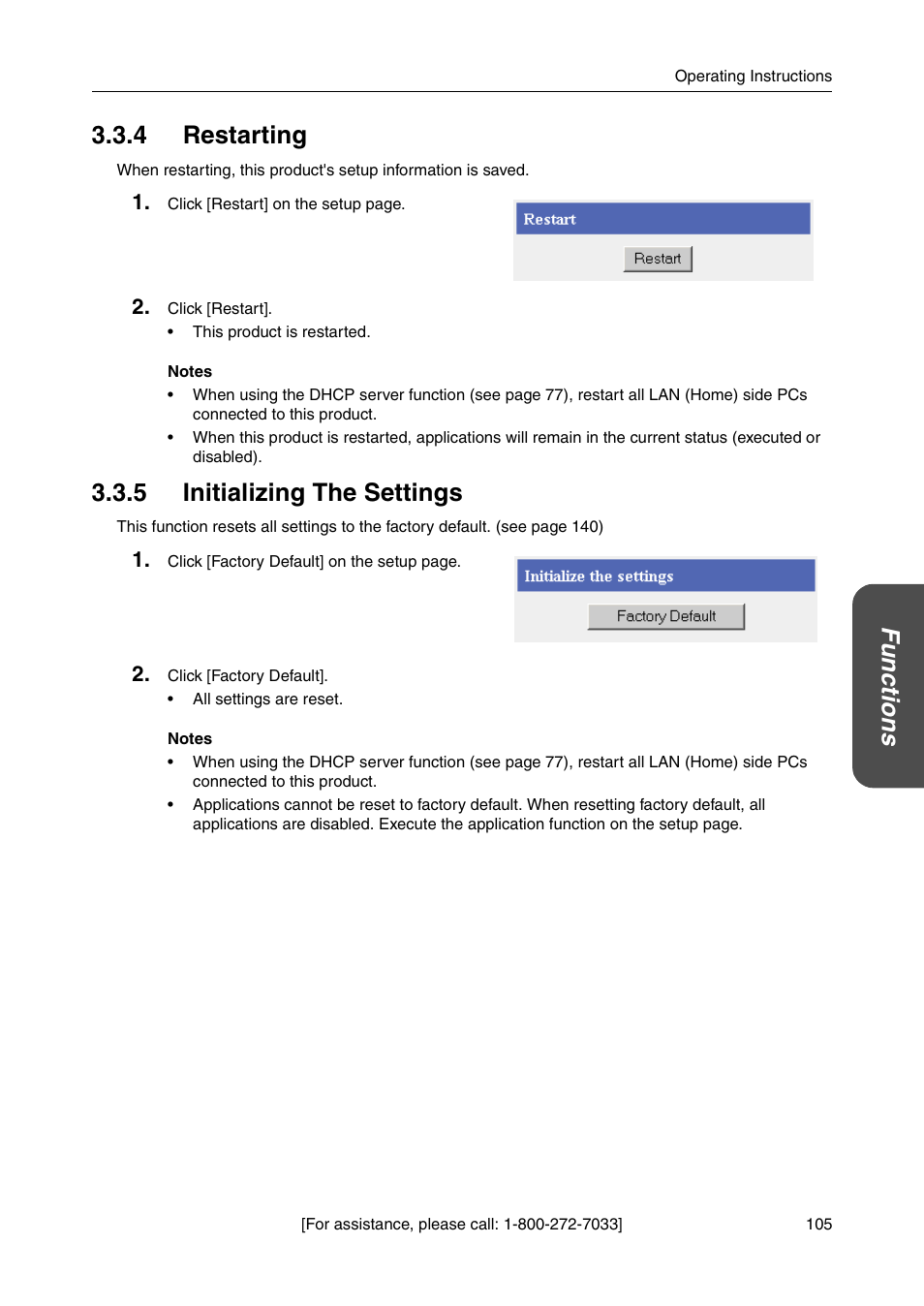 4 restarting, 5 initializing the settings, 4 restarting 3.3.5 initializing the settings | Ge 105), Functio n s 3.3.4 restarting | Panasonic BB-HGW700A User Manual | Page 105 / 152