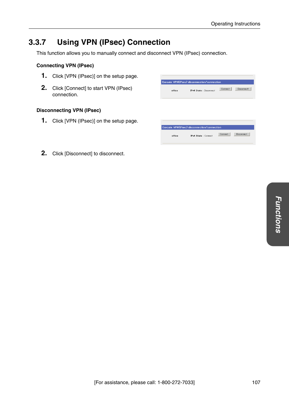 7 using vpn (ipsec) connection, Ge 107, Functio n s 3.3.7 using vpn (ipsec) connection | Panasonic BB-HGW700A User Manual | Page 107 / 152