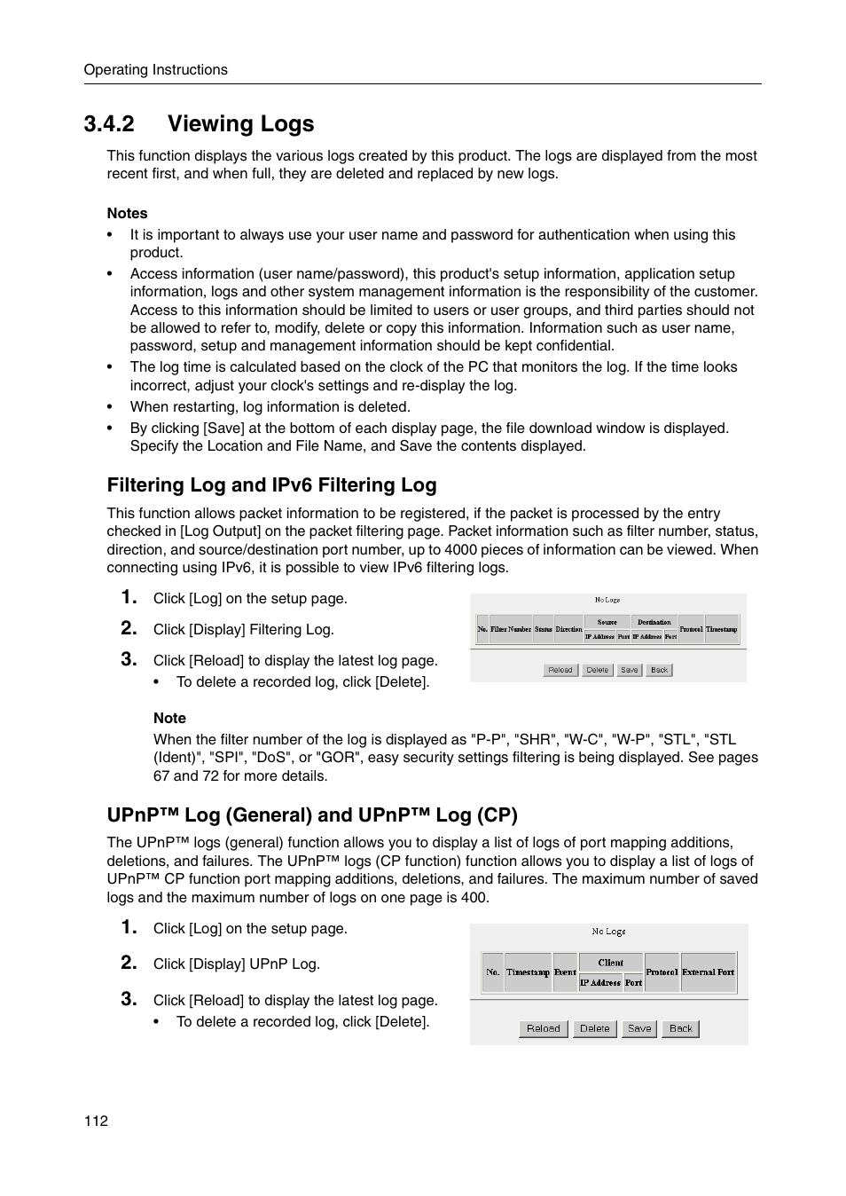 2 viewing logs, Filtering log and ipv6 filtering log, Upnp™ log (general) and upnp™ log (cp) | Panasonic BB-HGW700A User Manual | Page 112 / 152