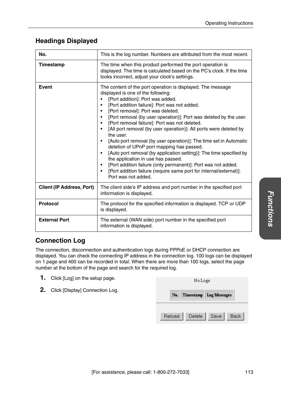 Functio n s, Headings displayed connection log | Panasonic BB-HGW700A User Manual | Page 113 / 152