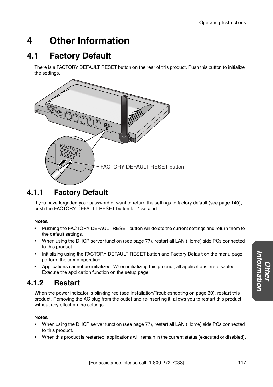 4 other information, 1 factory default, 2 restart | 1 factory default 4.1.2 restart, 4other information, Ot he r inf o rm a tion | Panasonic BB-HGW700A User Manual | Page 117 / 152