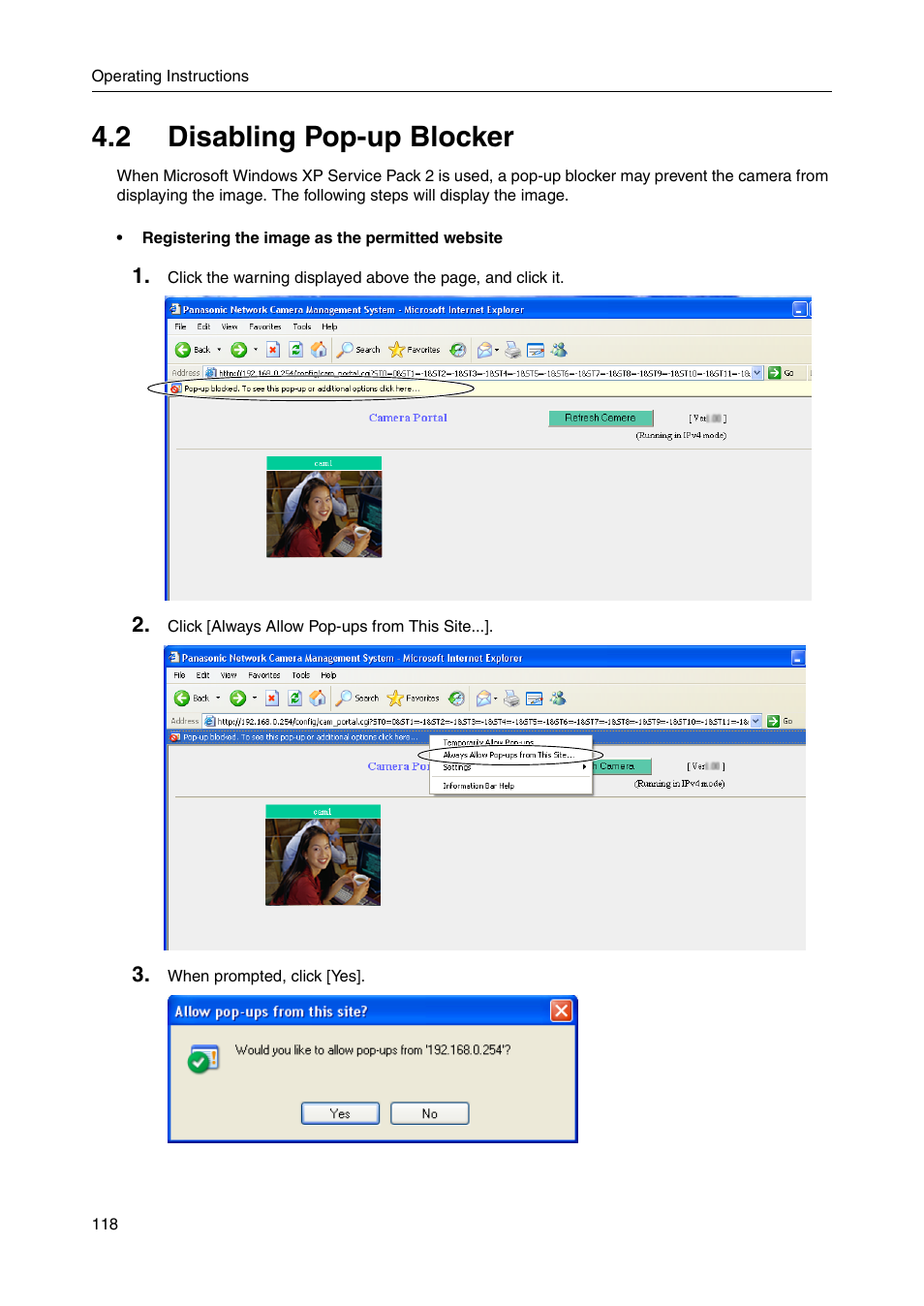 2 disabling pop-up blocker, E 118 a | Panasonic BB-HGW700A User Manual | Page 118 / 152