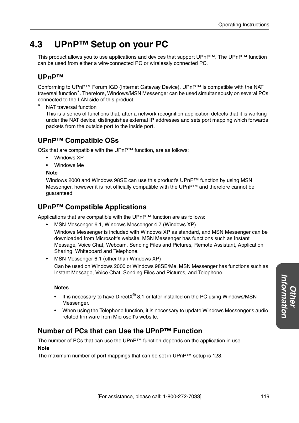 3 upnp setup on your pc, 3 upnp™ setup on your pc, Ot he r inf o rm a tion | Upnp, Upnp™ compatible oss, Upnp™ compatible applications, Number of pcs that can use the upnp™ function | Panasonic BB-HGW700A User Manual | Page 119 / 152