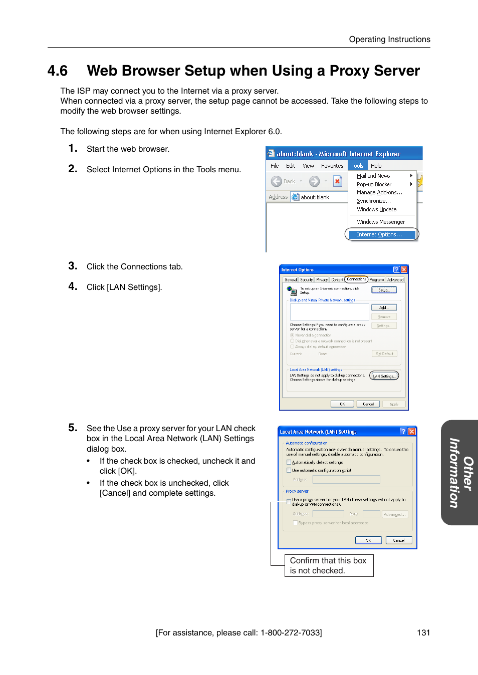 6 web browser setup when using a proxy server, Ot he r inf o rm a tion | Panasonic BB-HGW700A User Manual | Page 131 / 152