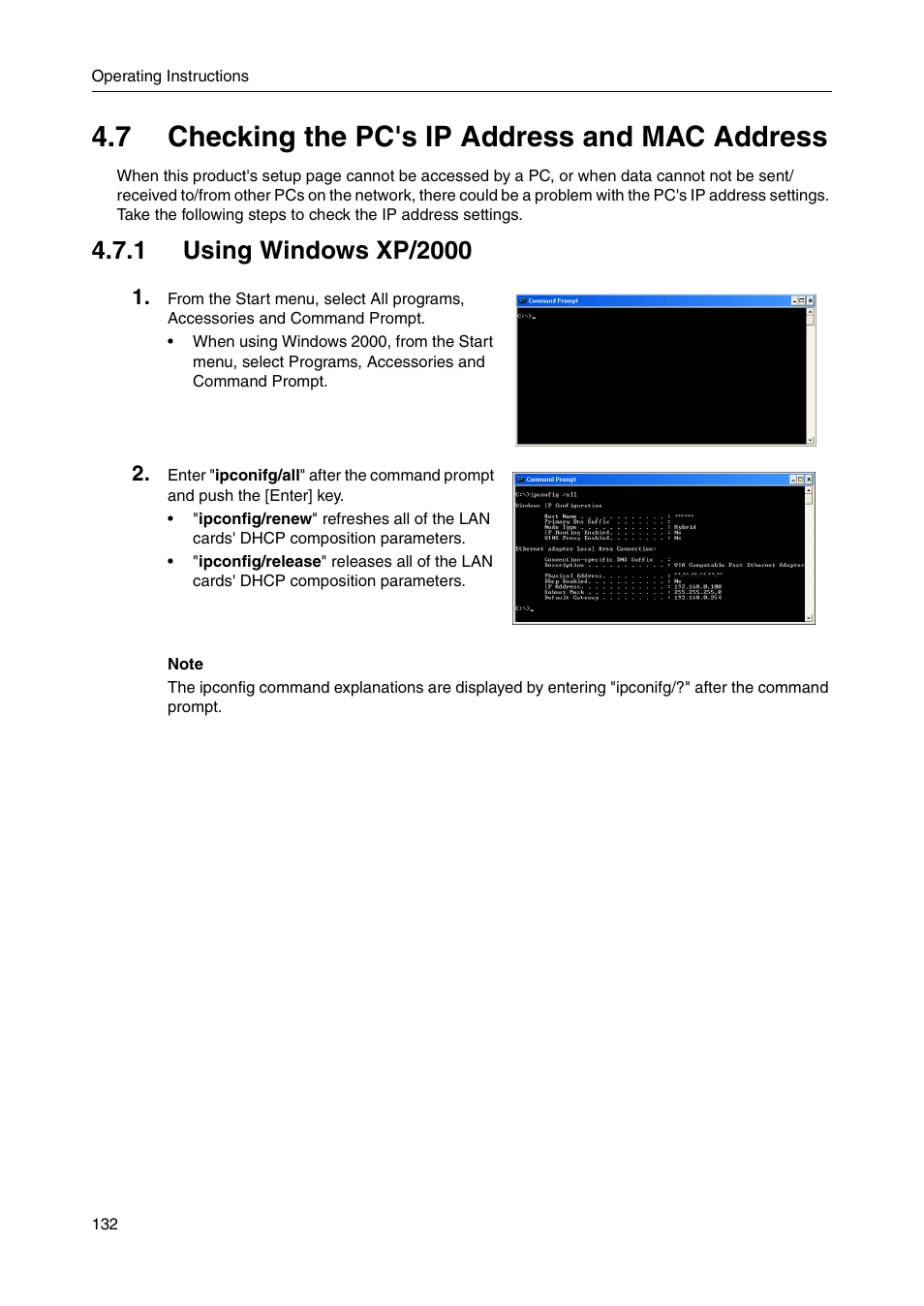 7 checking the pc's ip address and mac address, 1 using windows xp/2000 | Panasonic BB-HGW700A User Manual | Page 132 / 152