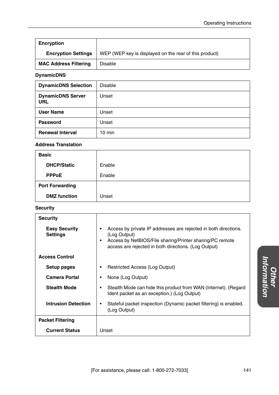 Ot he r inf o rm a tion | Panasonic BB-HGW700A User Manual | Page 141 / 152