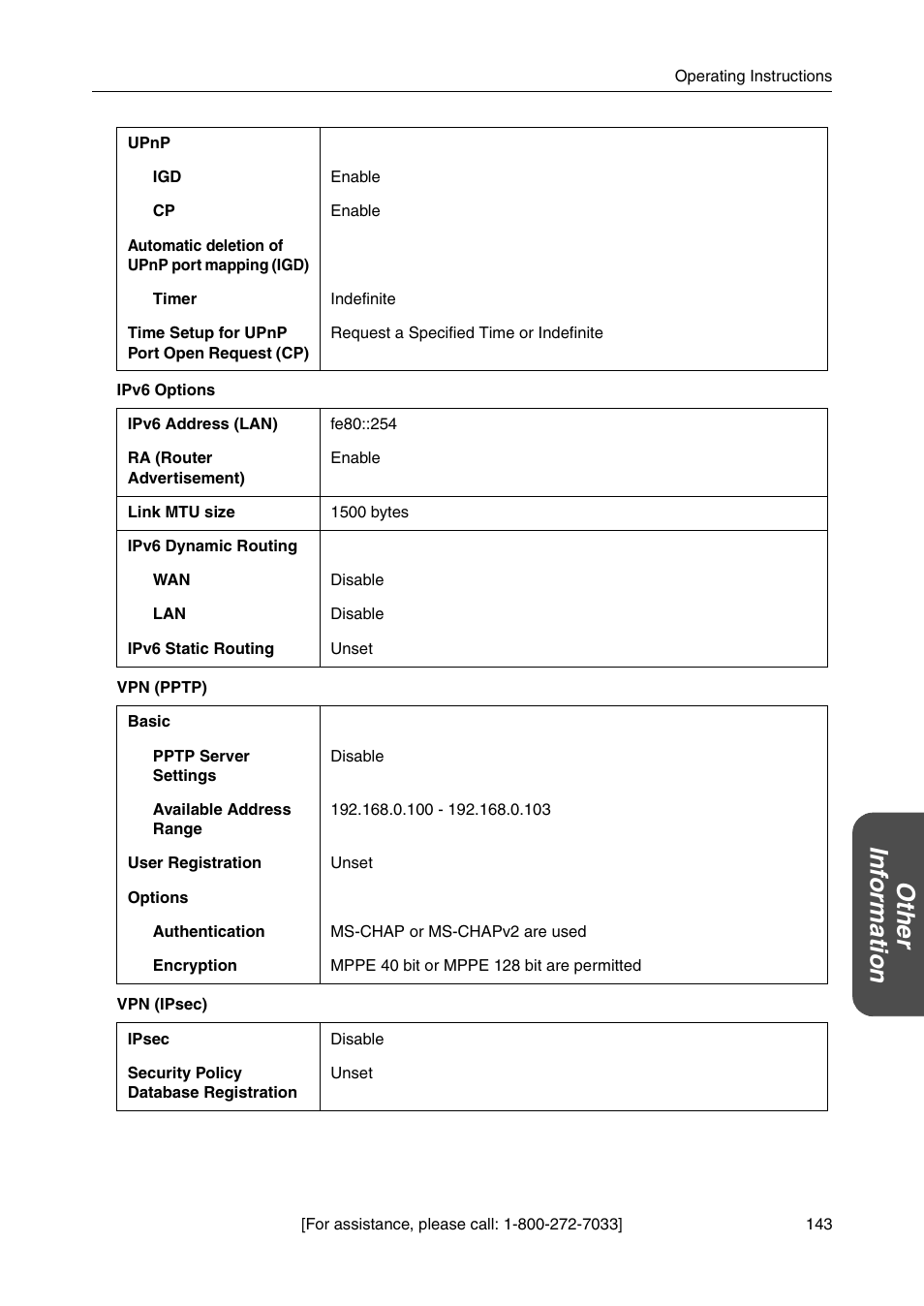 Ot he r inf o rm a tion | Panasonic BB-HGW700A User Manual | Page 143 / 152