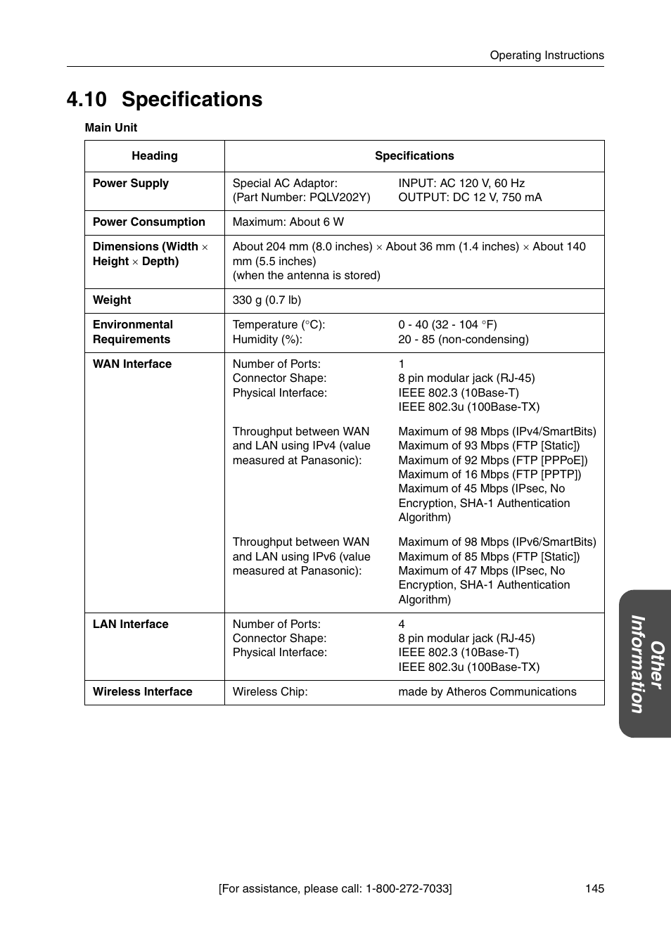 10 specifications, Ot he r inf o rm a tion | Panasonic BB-HGW700A User Manual | Page 145 / 152