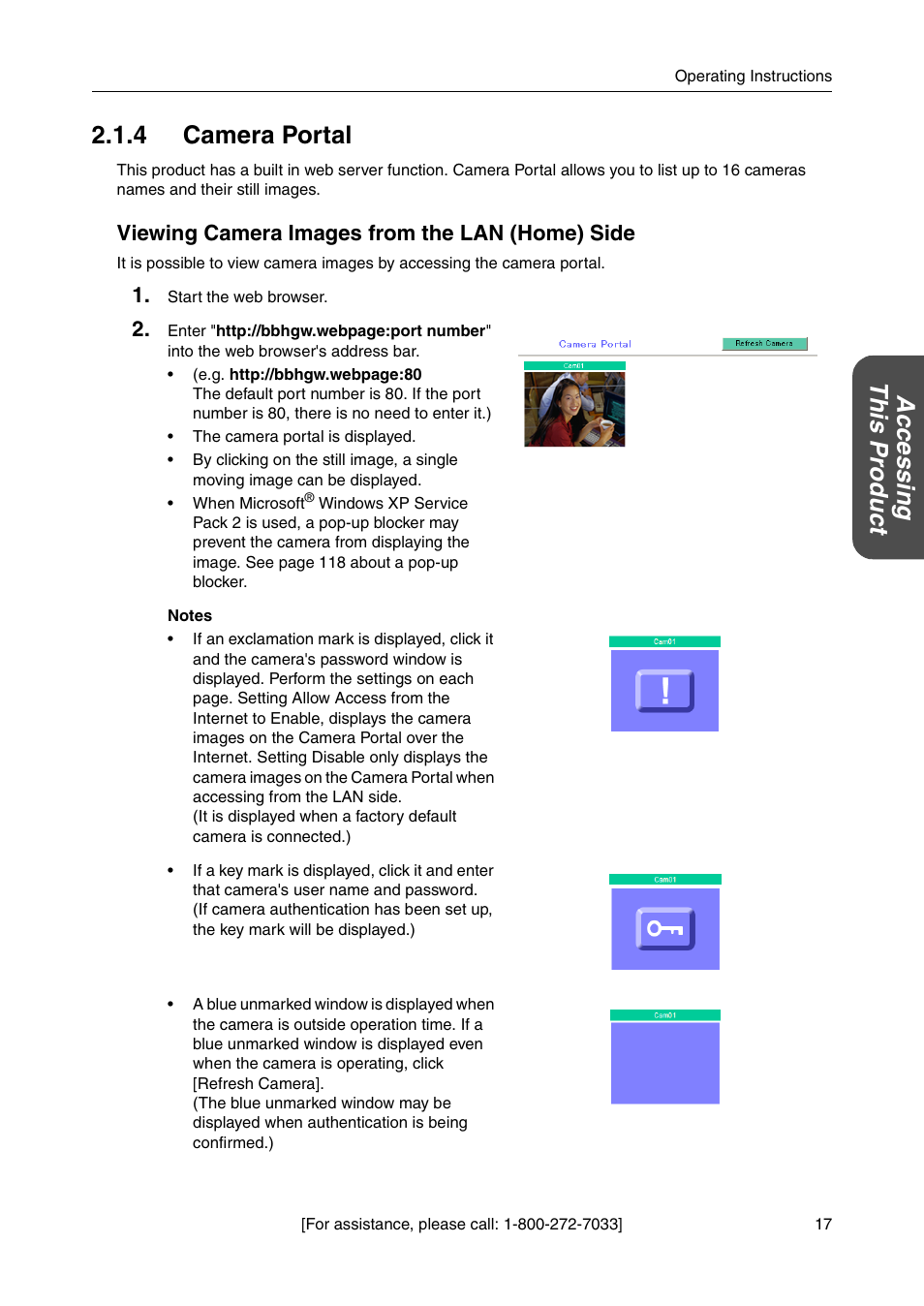 4 camera portal, Ac cessi ng thi s pr odu c t 2.1.4 camera portal, Viewing camera images from the lan (home) side | Panasonic BB-HGW700A User Manual | Page 17 / 152