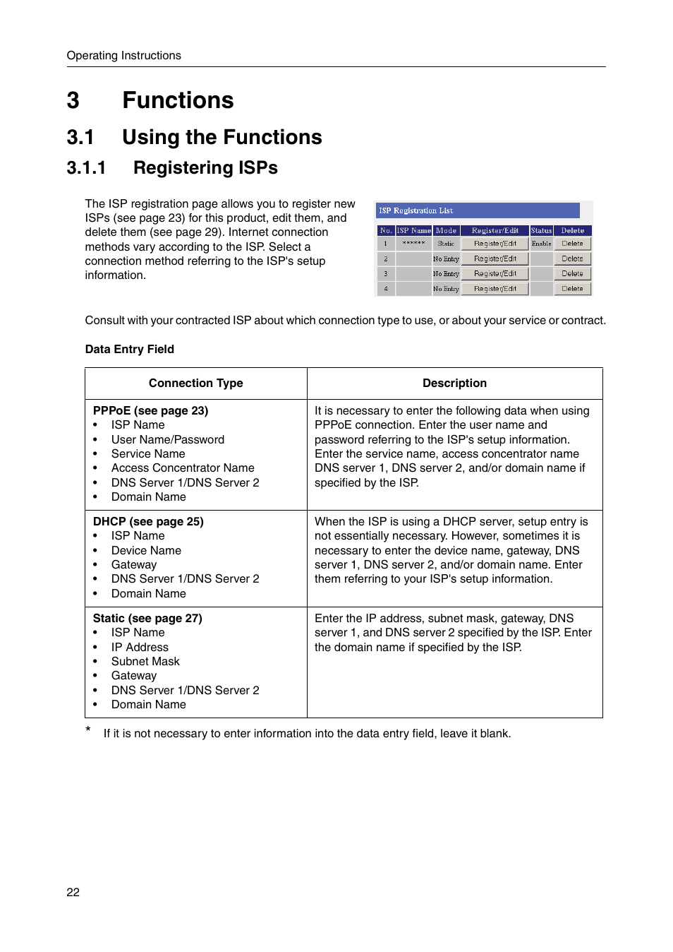 3 functions, 1 using the functions, 1 registering isps | 3functions | Panasonic BB-HGW700A User Manual | Page 22 / 152