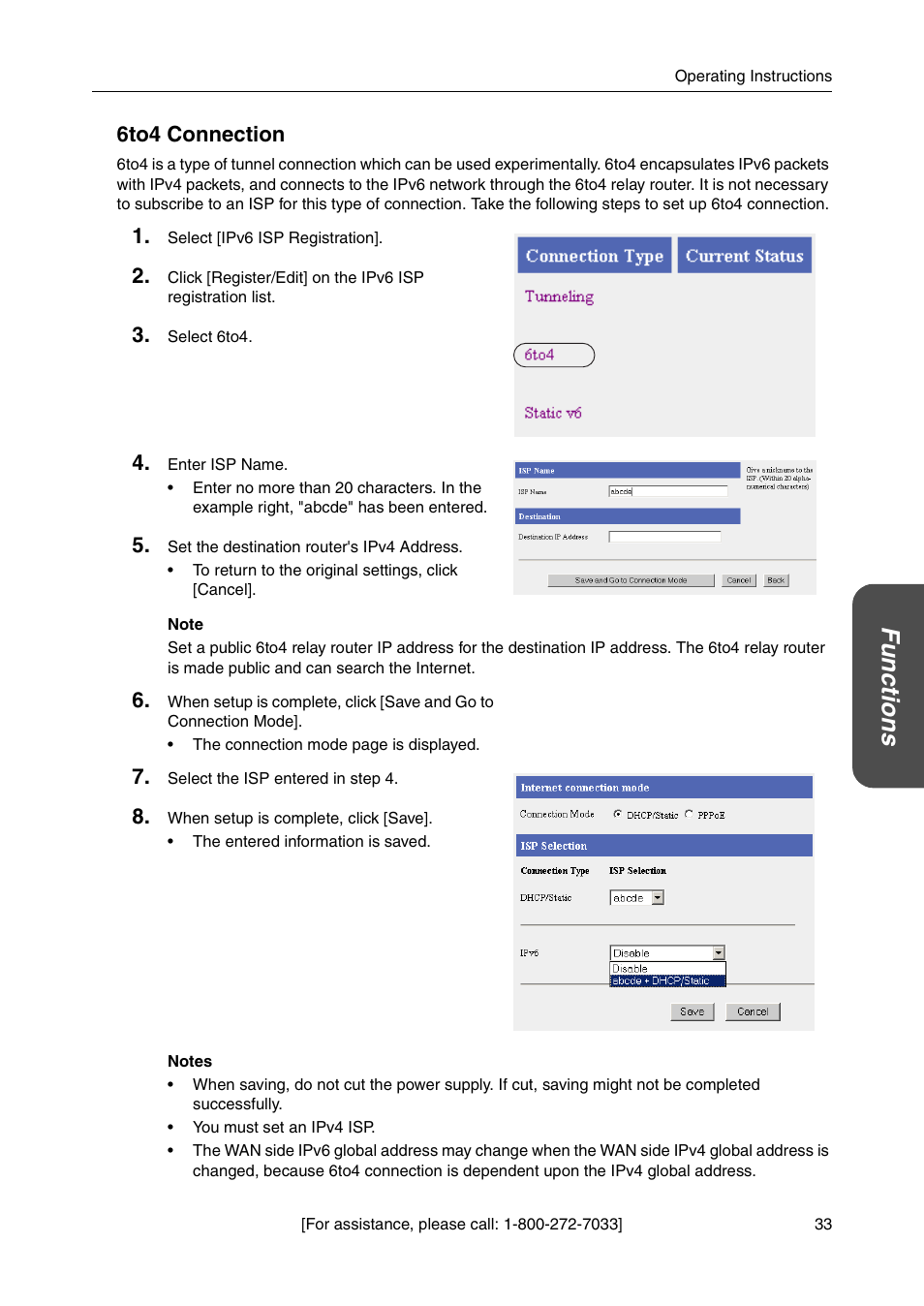 Functio n s, 6to4 connection | Panasonic BB-HGW700A User Manual | Page 33 / 152