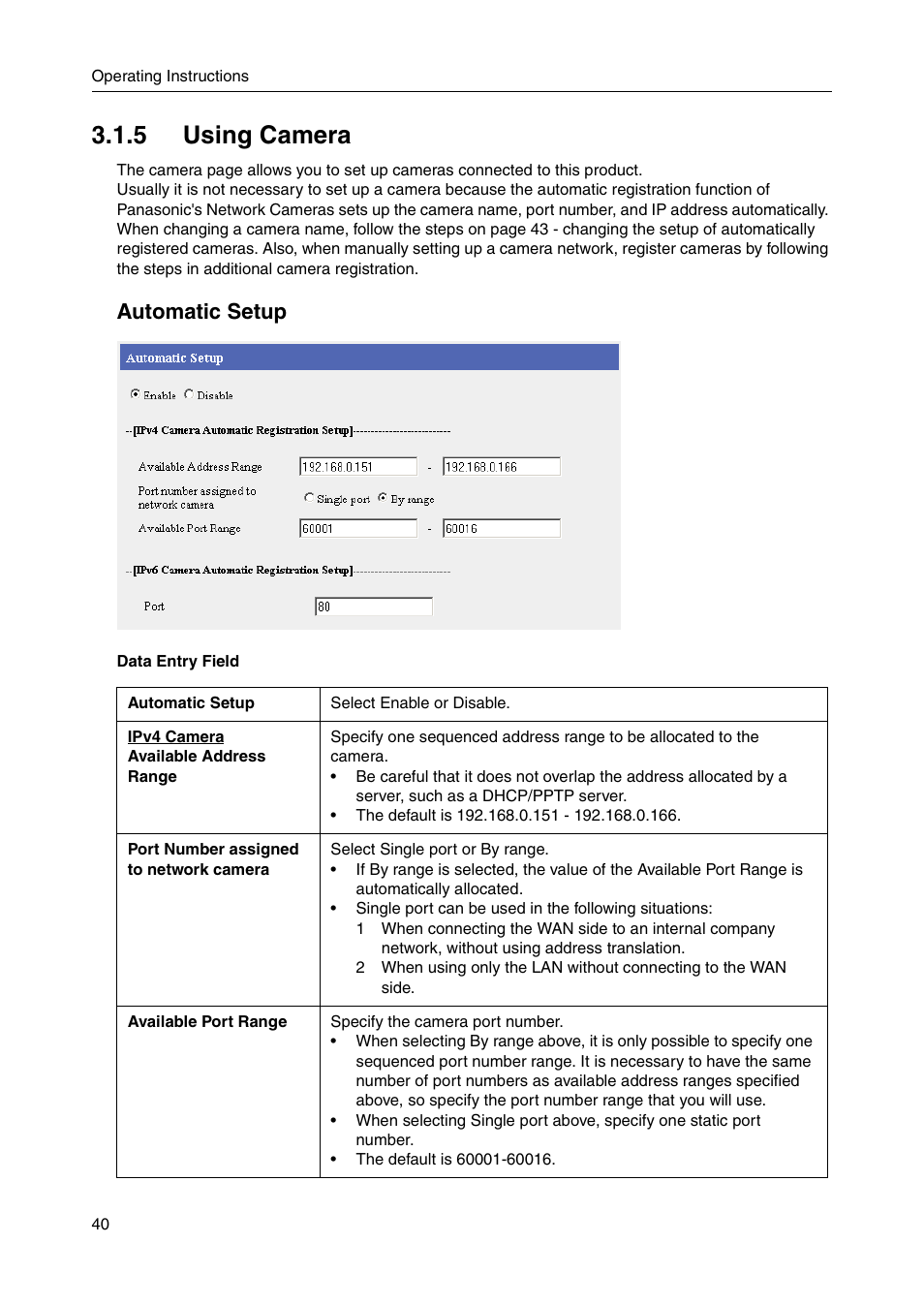 5 using camera, E 40, Automatic setup | Panasonic BB-HGW700A User Manual | Page 40 / 152