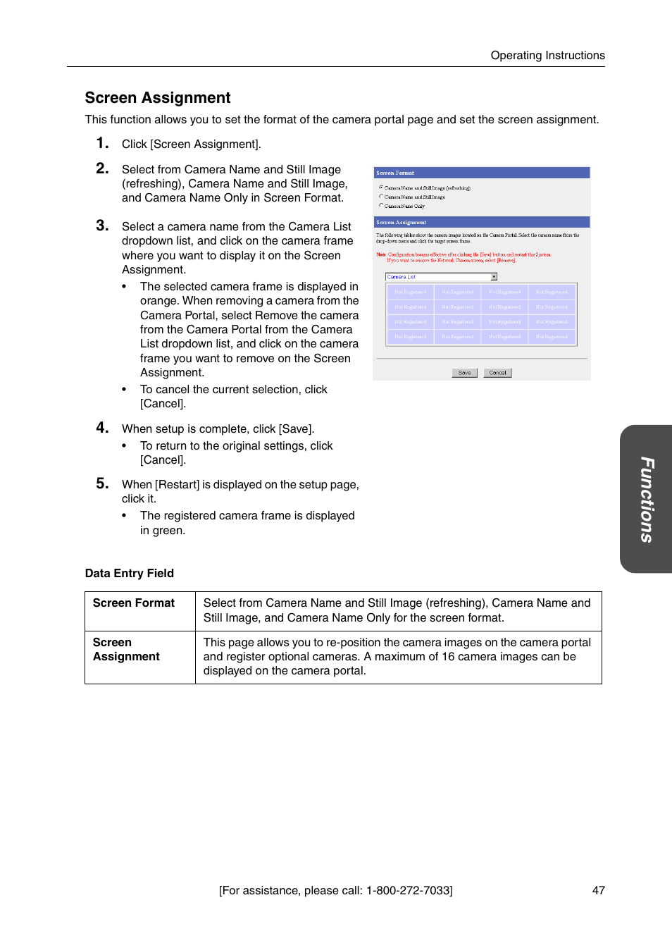 E 47, Functio n s, Screen assignment | Panasonic BB-HGW700A User Manual | Page 47 / 152