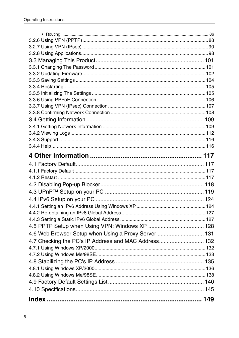 4 other information 117, Index 149, 4 other information | Index | Panasonic BB-HGW700A User Manual | Page 6 / 152