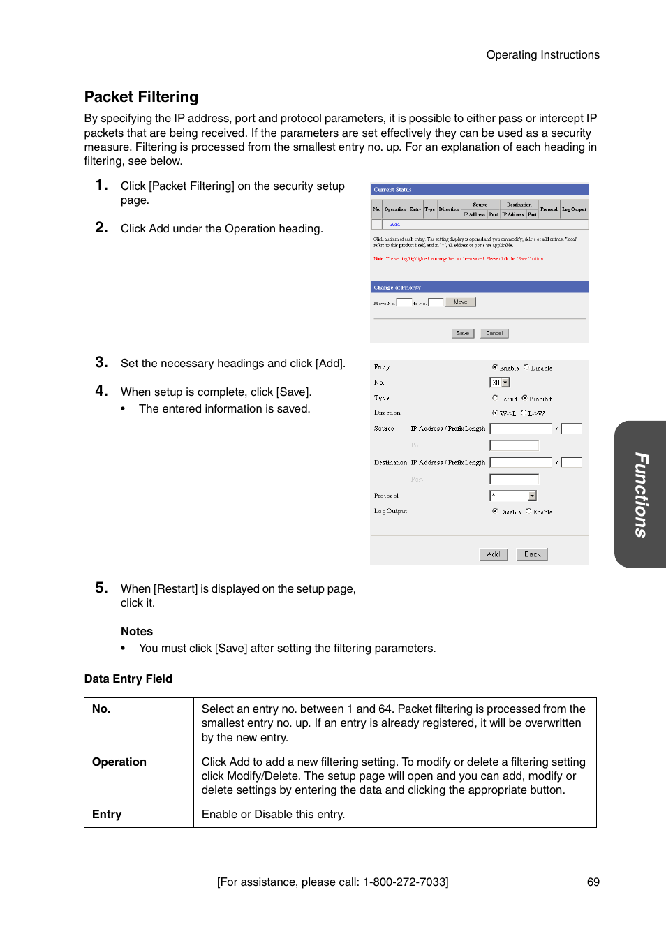 E 69) o, Functio n s, Packet filtering | Panasonic BB-HGW700A User Manual | Page 69 / 152