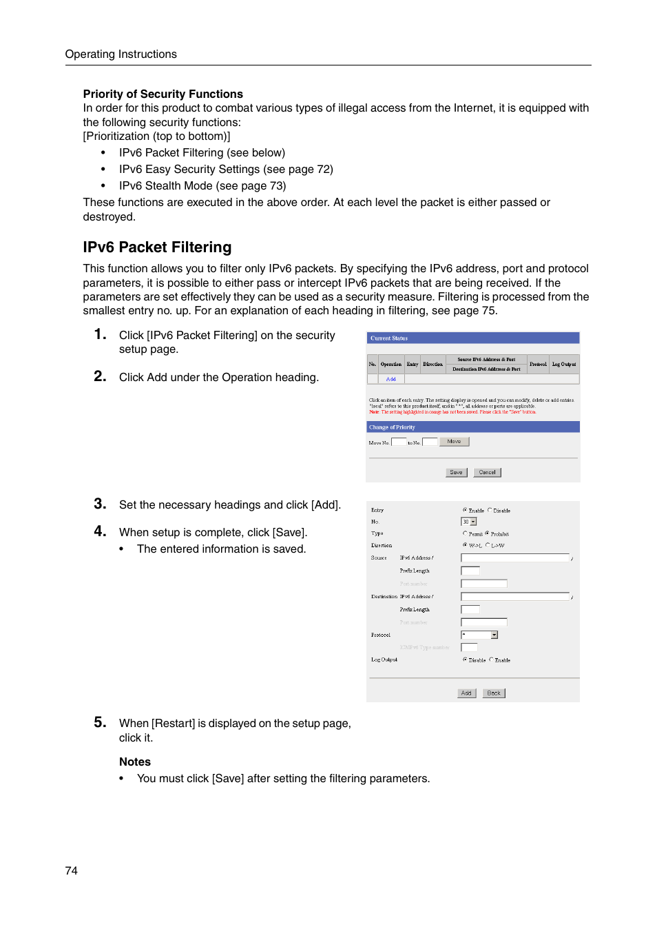 Ipv6 packet filtering | Panasonic BB-HGW700A User Manual | Page 74 / 152