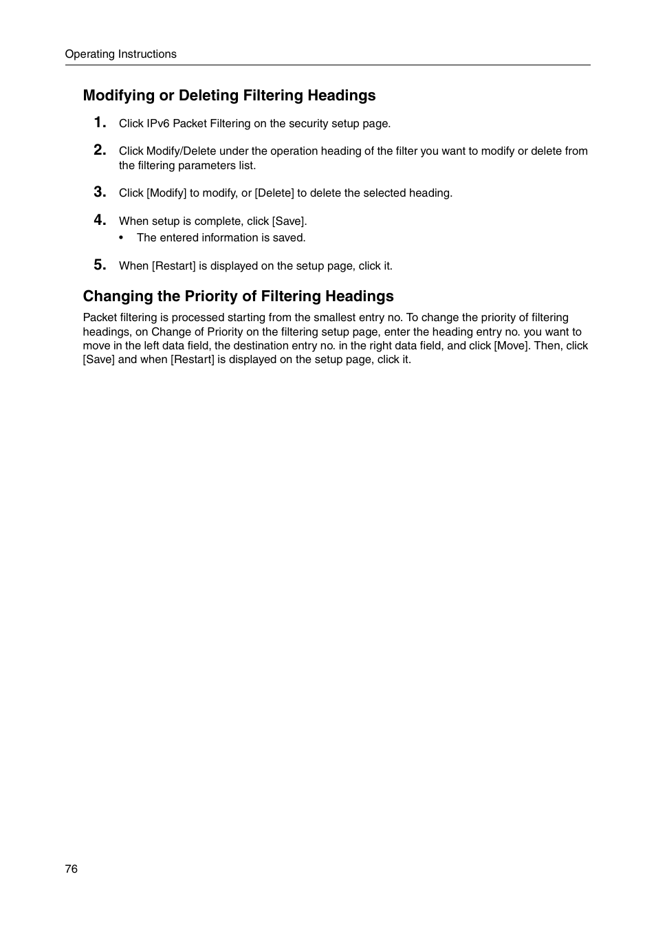 Modifying or deleting filtering headings 1, Changing the priority of filtering headings | Panasonic BB-HGW700A User Manual | Page 76 / 152
