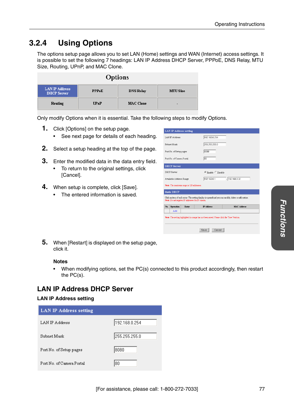 4 using options, Lan ip address dhcp server, Functio n s 3.2.4 using options | Panasonic BB-HGW700A User Manual | Page 77 / 152