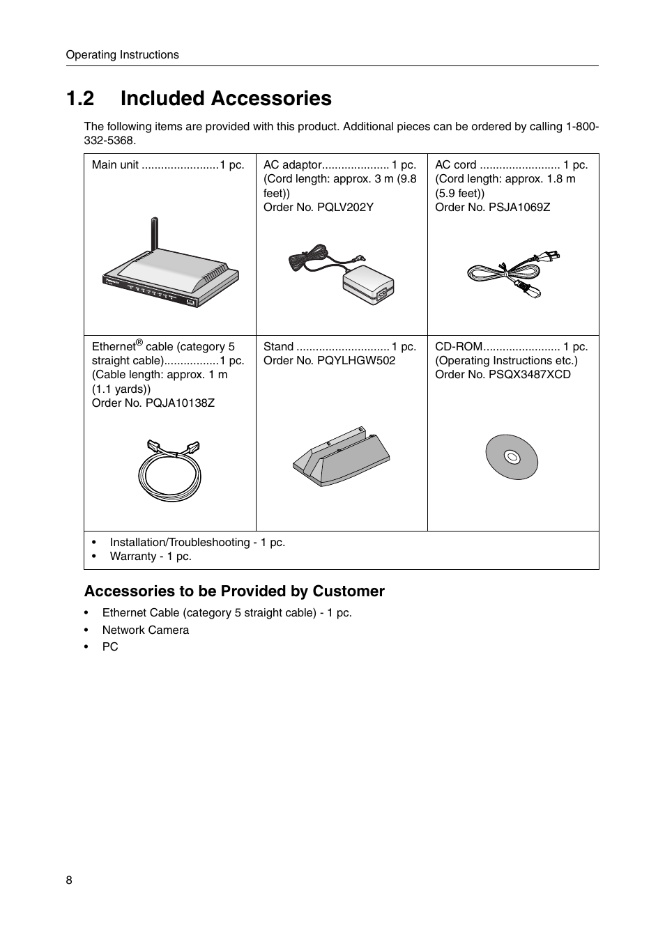 2 included accessories, Accessories to be provided by customer | Panasonic BB-HGW700A User Manual | Page 8 / 152