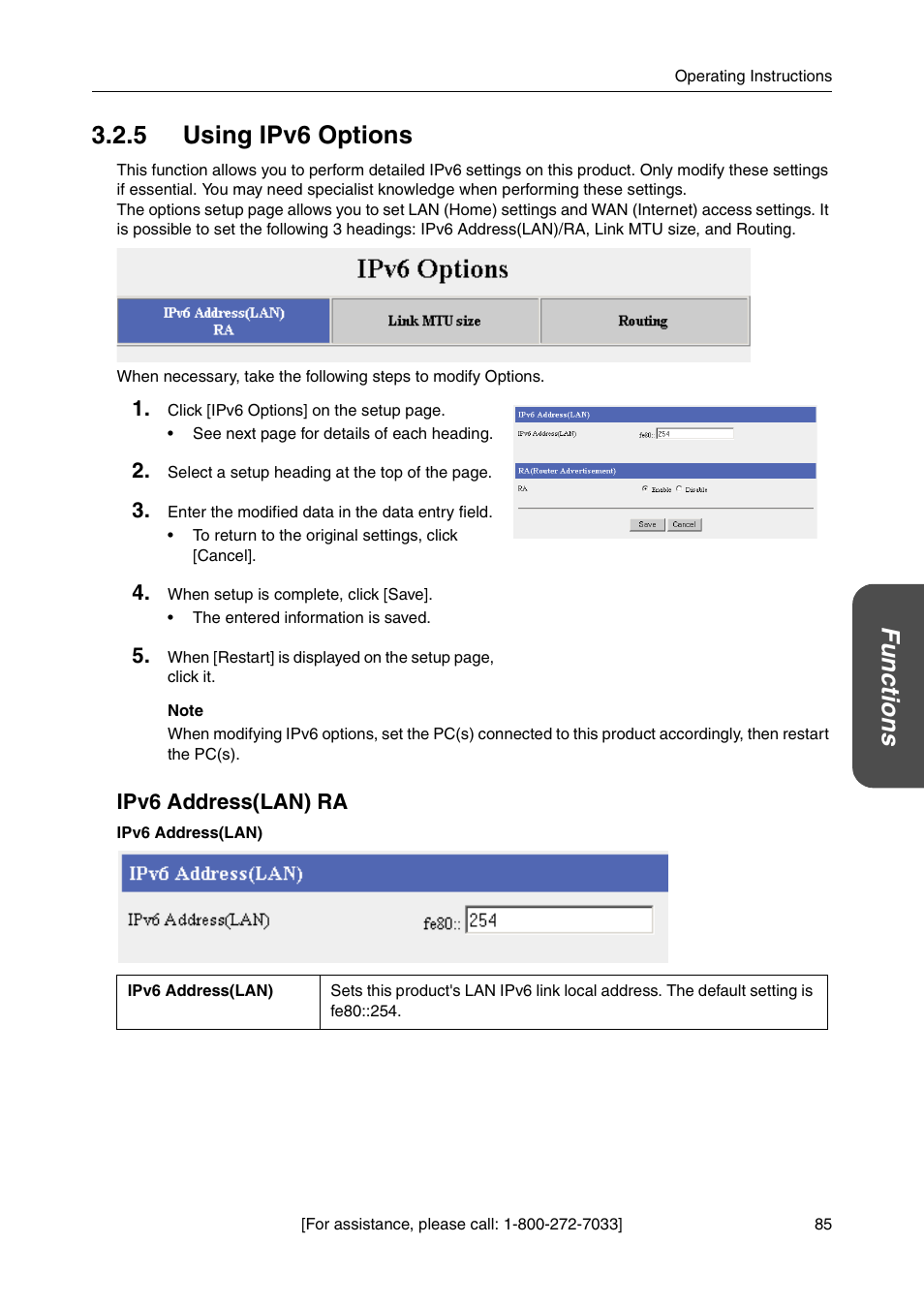 5 using ipv6 options, Ipv6 address(lan) ra, Functio n s 3.2.5 using ipv6 options | Panasonic BB-HGW700A User Manual | Page 85 / 152