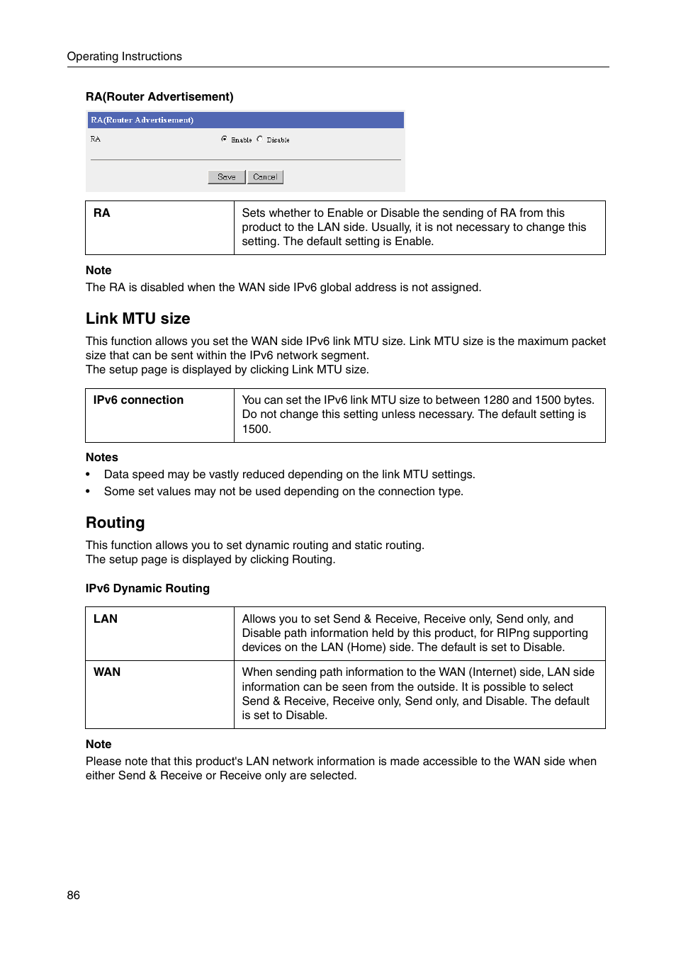 Link mtu size, Routing | Panasonic BB-HGW700A User Manual | Page 86 / 152