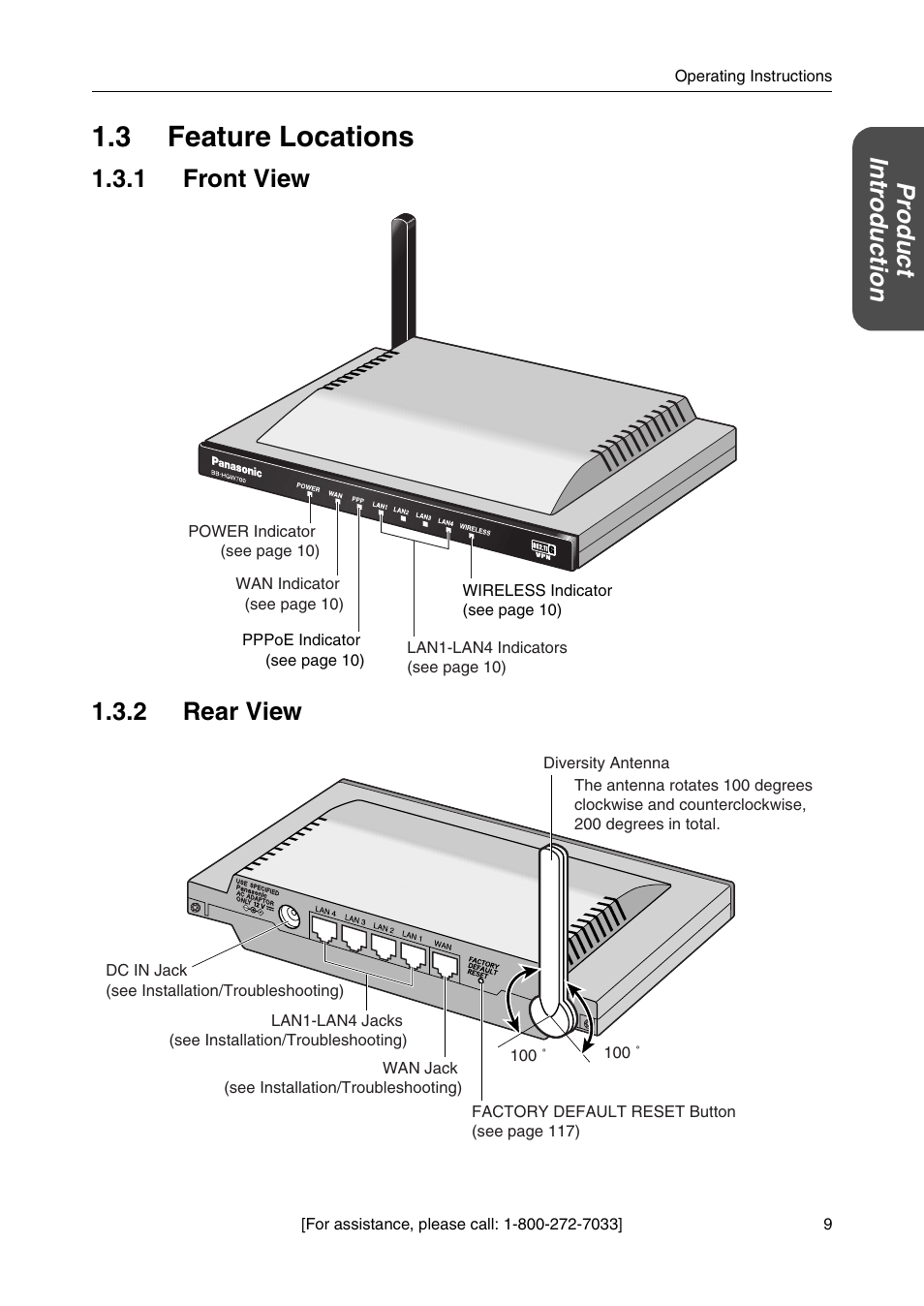 3 feature locations, 1 front view, 2 rear view | 1 front view 1.3.2 rear view, Pr oduct in tr oductio n | Panasonic BB-HGW700A User Manual | Page 9 / 152