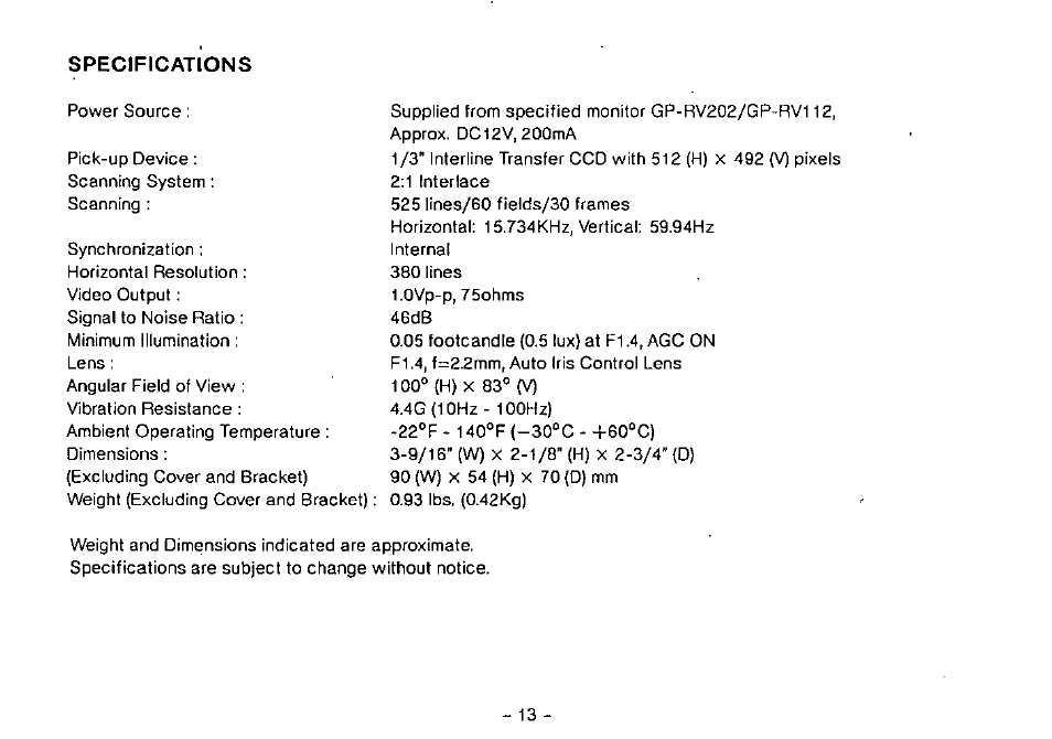 Specifications | Panasonic GP-RV201 User Manual | Page 15 / 16