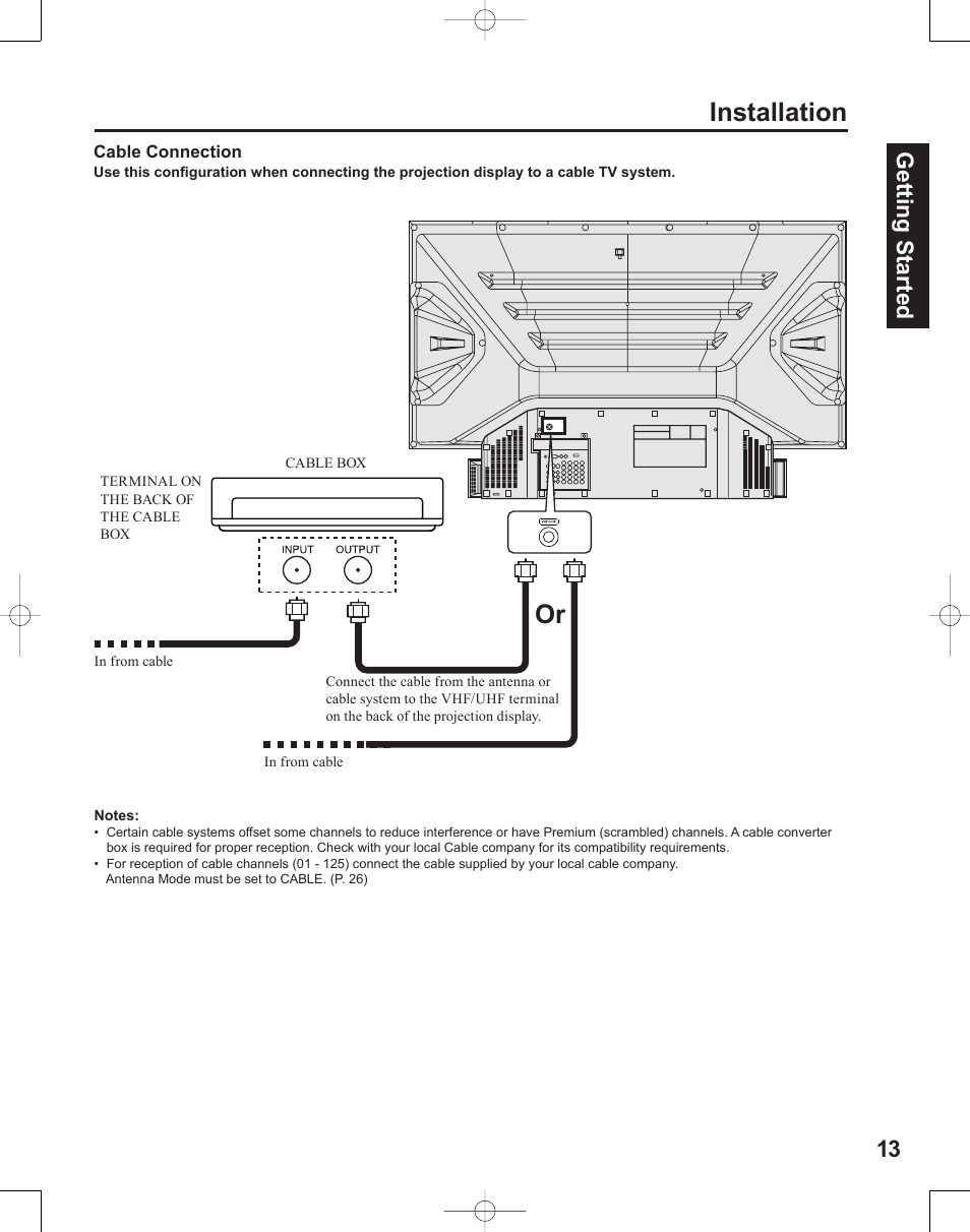 Or installation, Getting start ed 13 | Panasonic PT-50LC14 User Manual | Page 13 / 88
