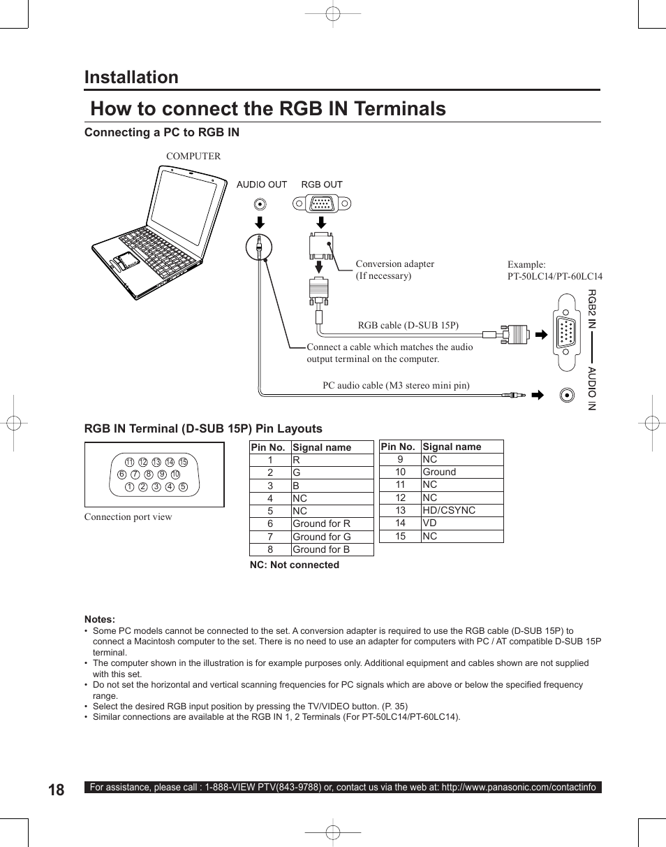 How to connect the rgb in terminals, Installation | Panasonic PT-50LC14 User Manual | Page 18 / 88