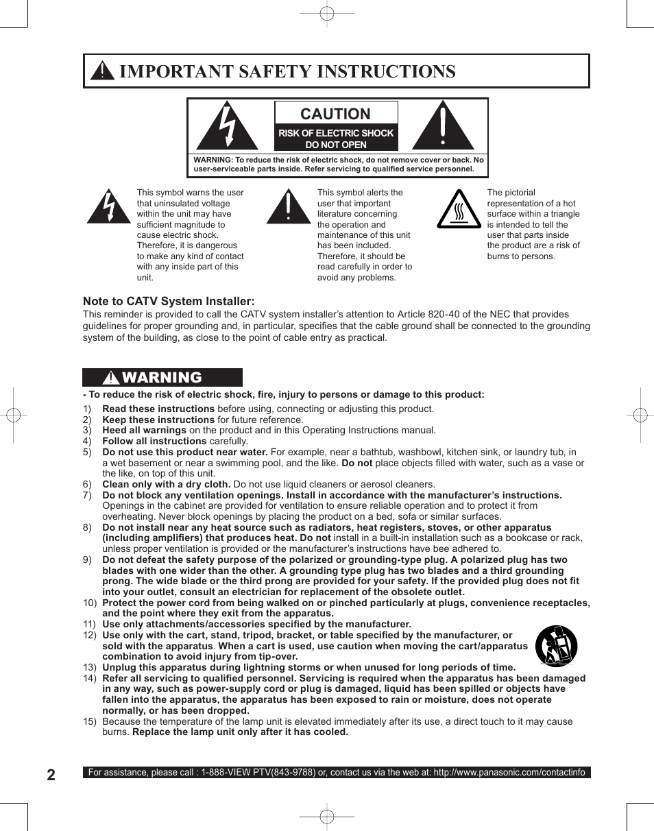 Getting started, Important safety instructions, Warning | Panasonic PT-50LC14 User Manual | Page 2 / 88