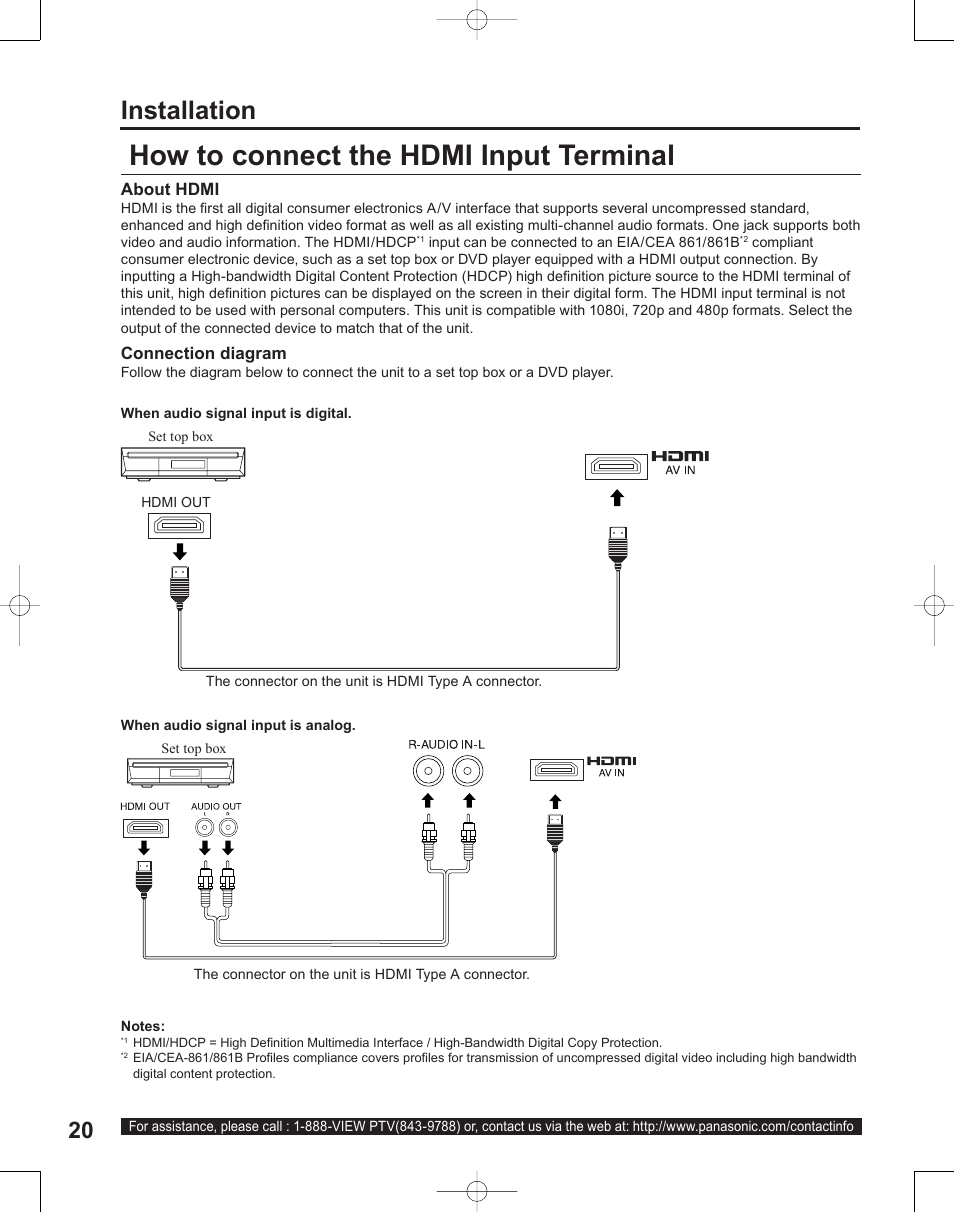 How to connect the hdmi input terminal, Installation | Panasonic PT-50LC14 User Manual | Page 20 / 88
