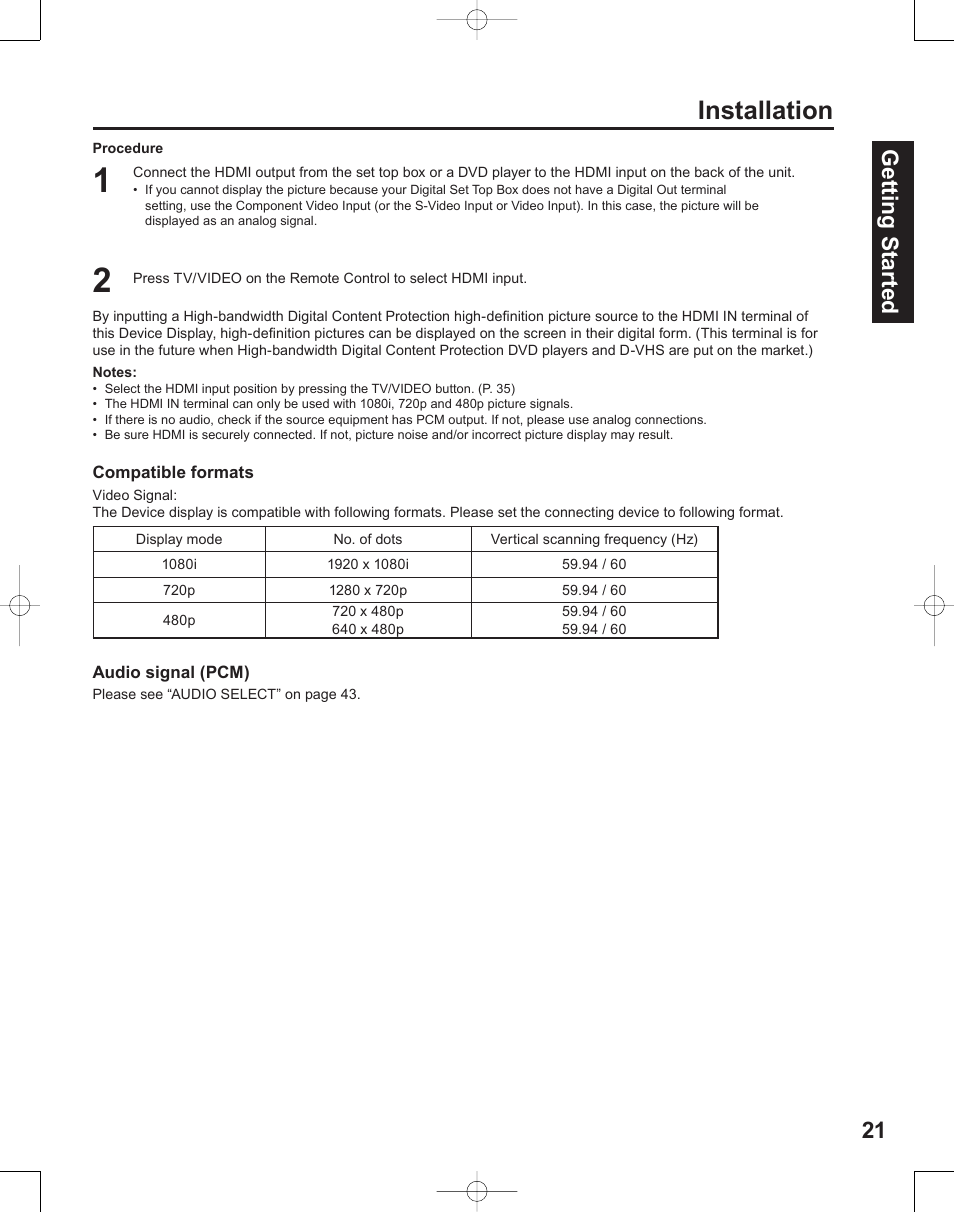 Installation, 21 getting start ed | Panasonic PT-50LC14 User Manual | Page 21 / 88
