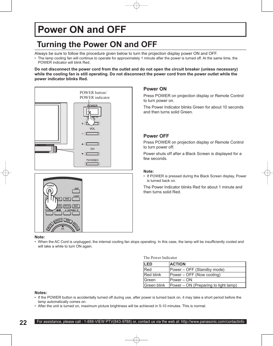 Basic operation, Power on and off, Turning the power on and off | Power on power off | Panasonic PT-50LC14 User Manual | Page 22 / 88