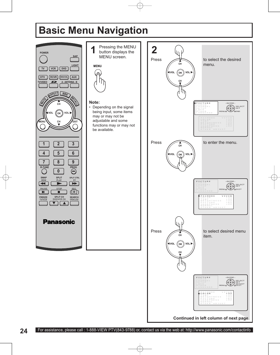 Basic menu navigation, Basic menu navigation 1 2, Press to select the desired menu | Press to enter the menu, Press to select desired menu item, Continued in left column of next page | Panasonic PT-50LC14 User Manual | Page 24 / 88