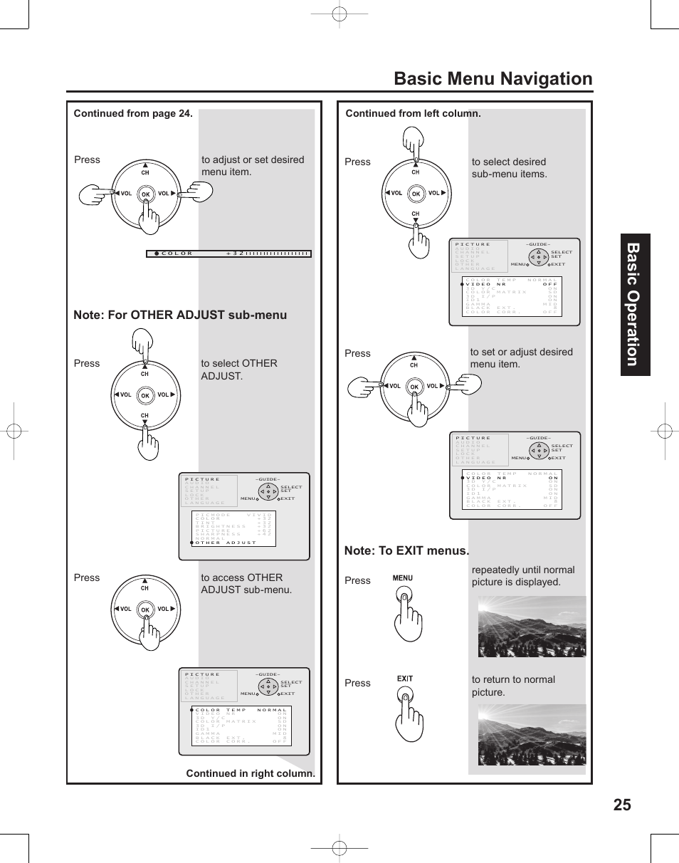 Basic menu navigation, 25 basic operation, Press to select other adjust | Press to access other adjust sub-menu | Panasonic PT-50LC14 User Manual | Page 25 / 88
