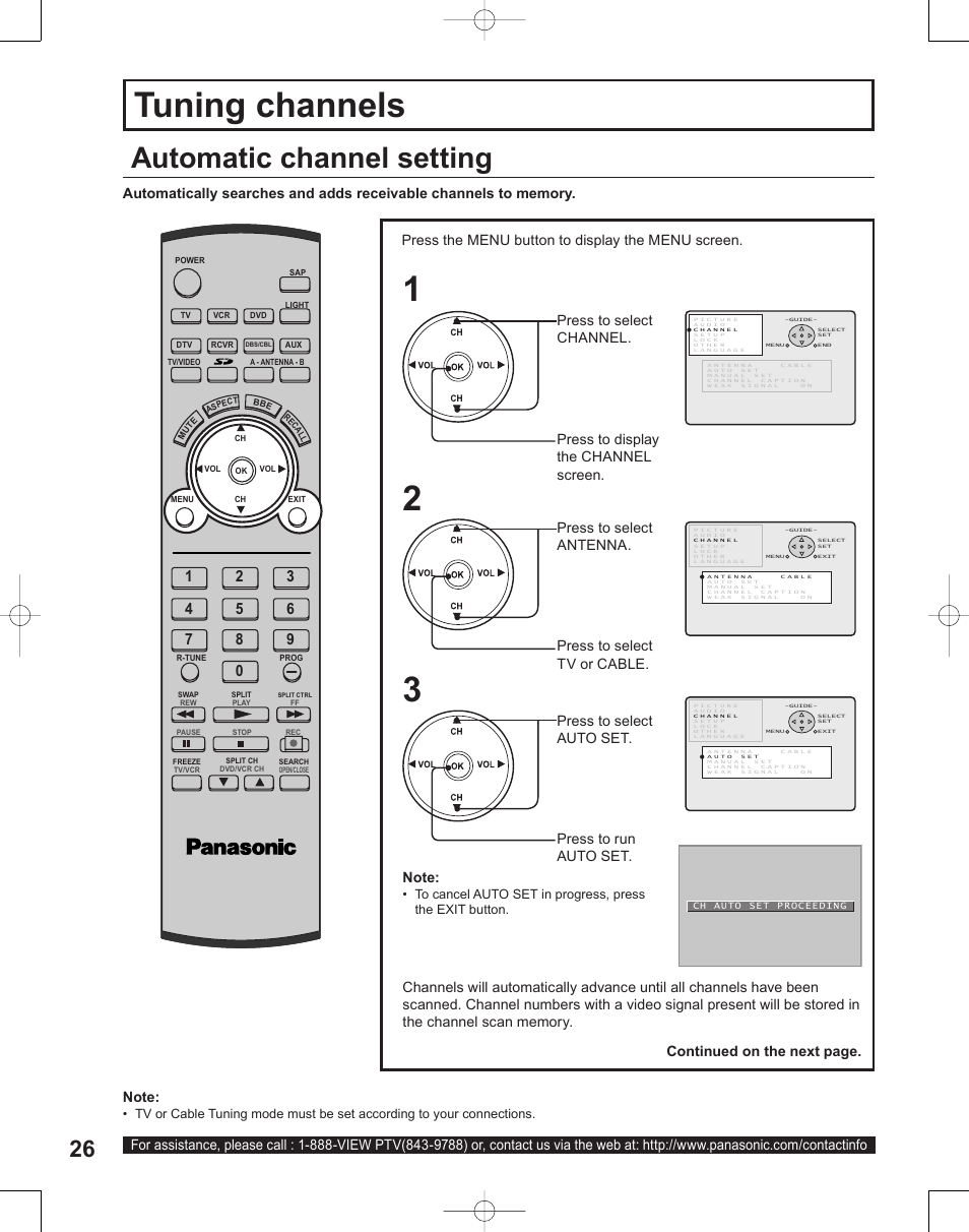 Tuning channels, Automatic channel setting | Panasonic PT-50LC14 User Manual | Page 26 / 88